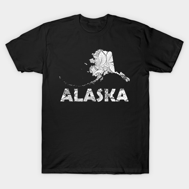 Mandala art map of Alaska with text in white T-Shirt by Happy Citizen